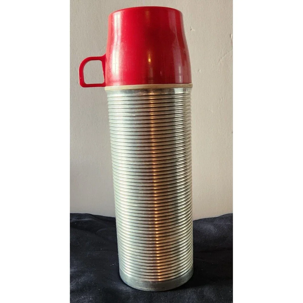 Vintage Thermos Ribbed Aluminum Red Top Vacuum Bottle Model # 2484 - Quart Size